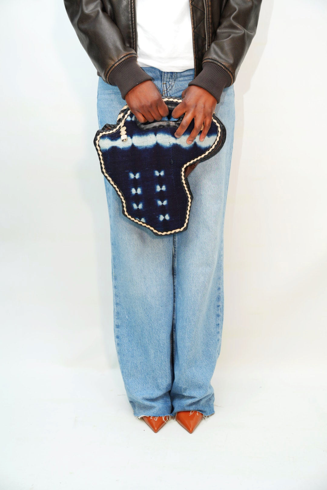 Sac carte d'Afrique bogolan indigo et cuir