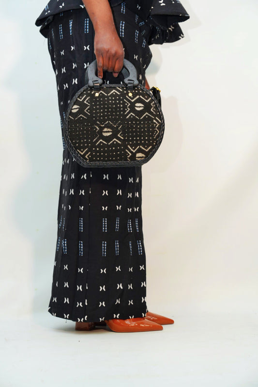 Sac noir bogolan cuir et anse en bois
