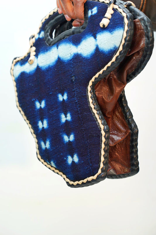 Sac carte d'Afrique bogolan indigo et cuir