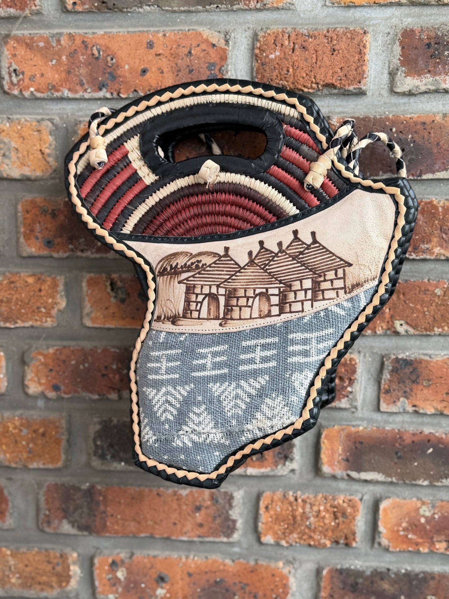 Sac Afrique en cuir, Bogolan gris et raphia