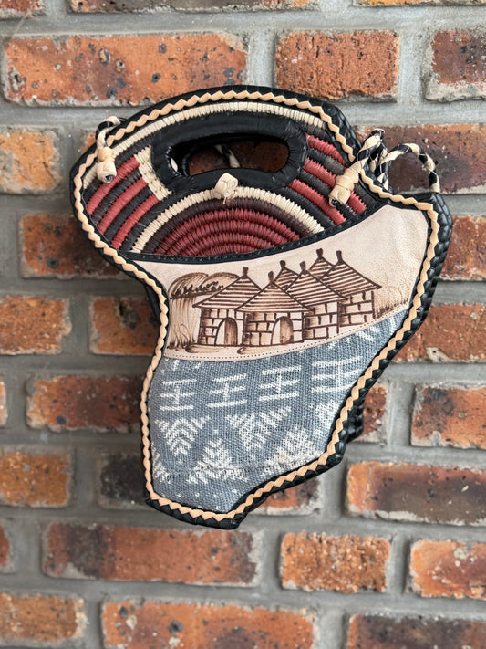 Sac Afrique en cuir, Bogolan gris et raphia