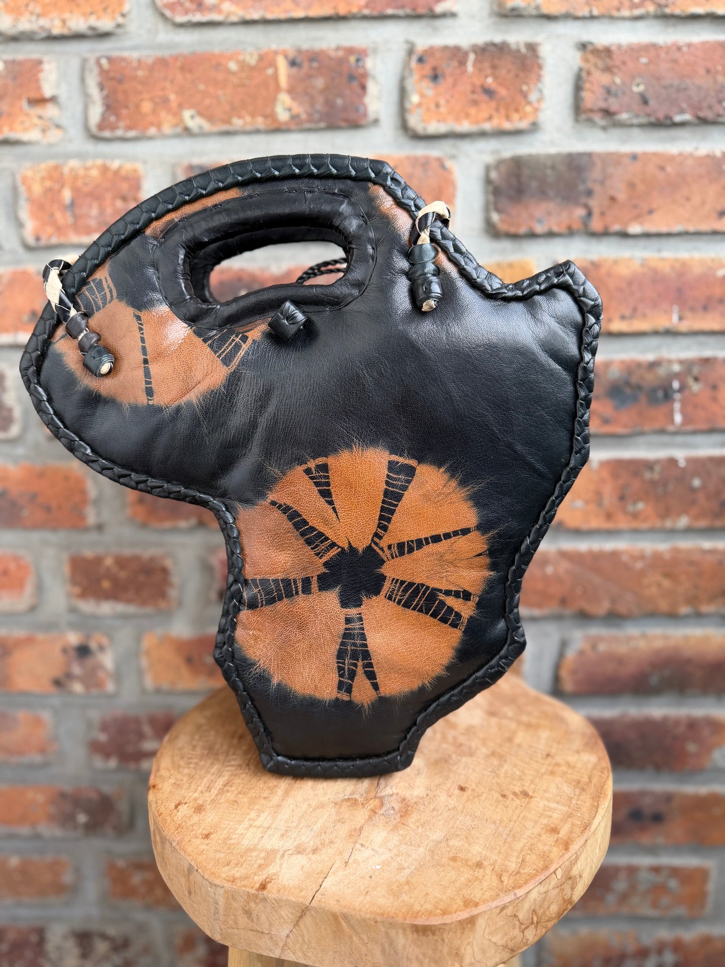 Sac Afrique en cuir, Bogolan gris et raphia