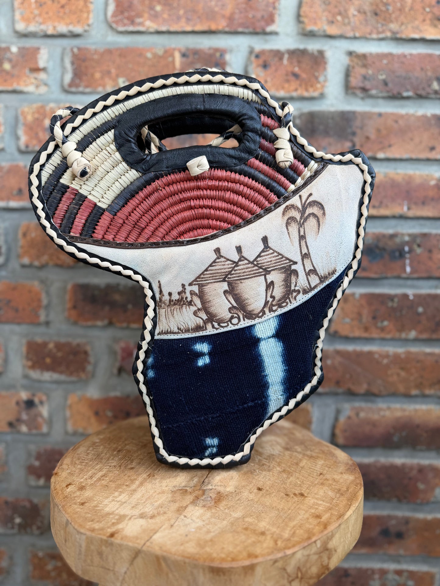 Sac carte d Afrique bogolan, cuir et raphia