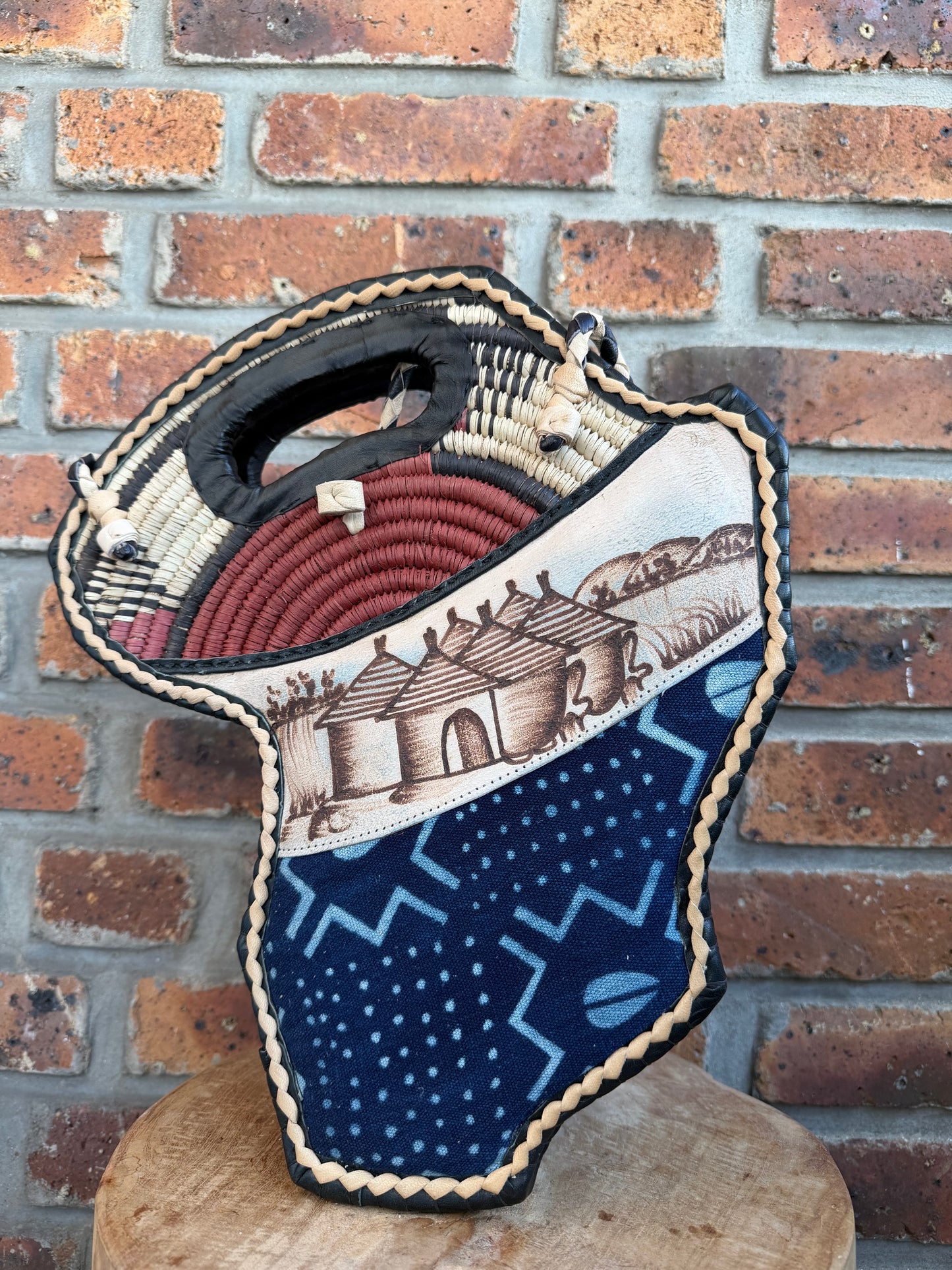 Sac carte d Afrique Bogolan, cuir et raphia