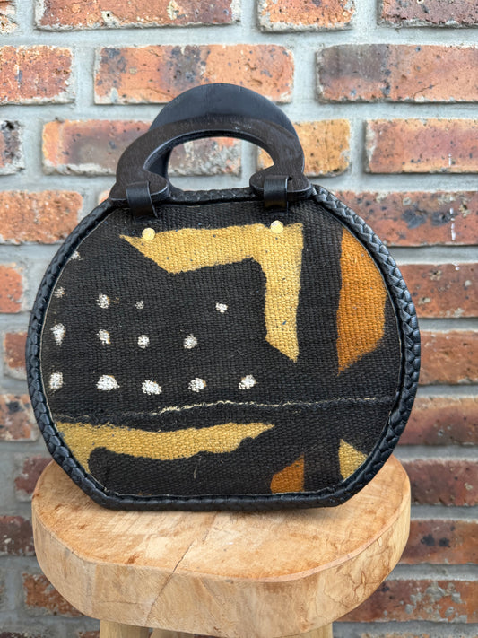 Sac bogolan, cuir et anses en bois